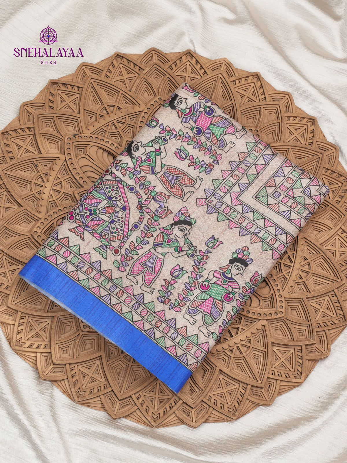 Beige With Blue Border Madhubani Saree