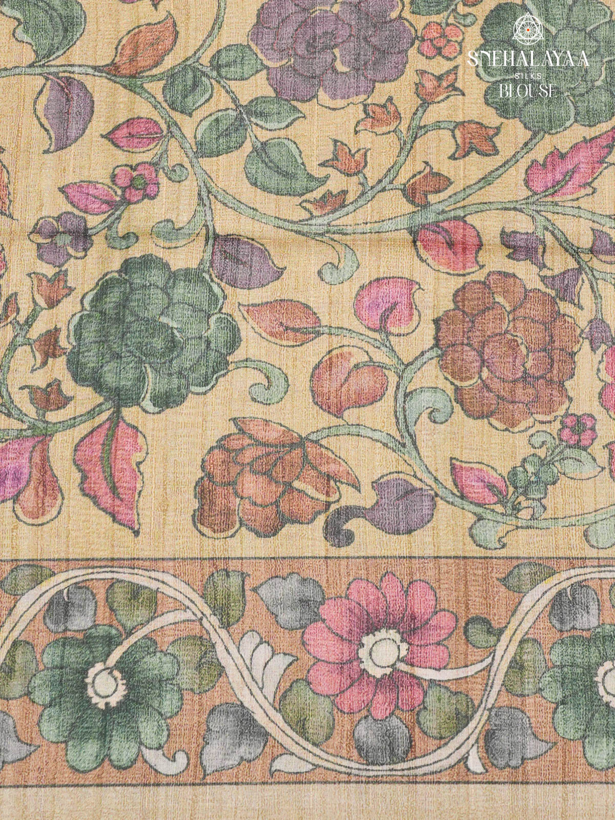 Pastel Green Floral Printed Tussar Saree