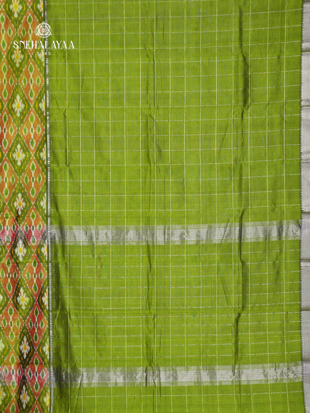 Green Mangalagiri Silk Cotton Saree with Ikat Border