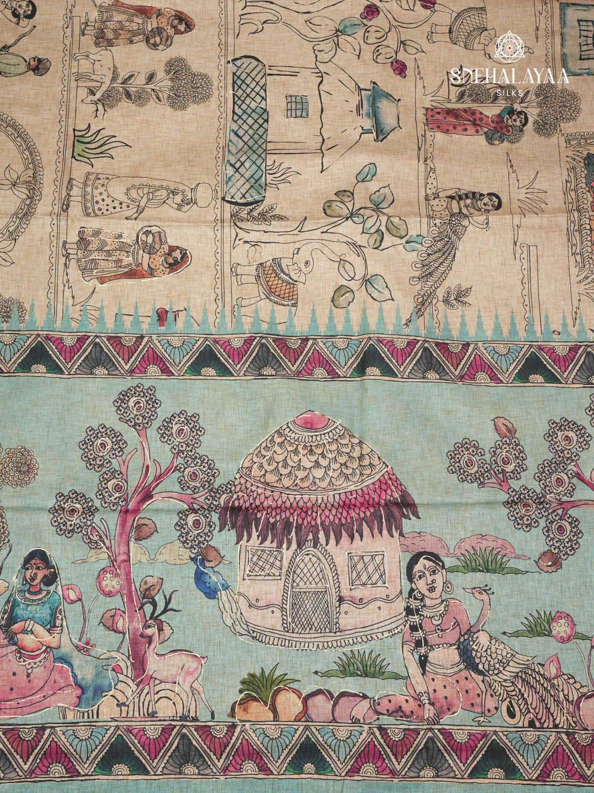 Beige With Teal Blue Border Floral Printed Tussar Saree