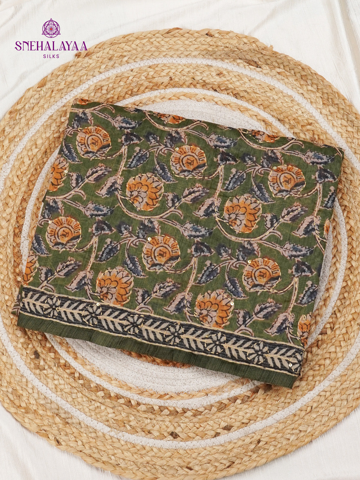 Olive Green Linen Embroidery Saree