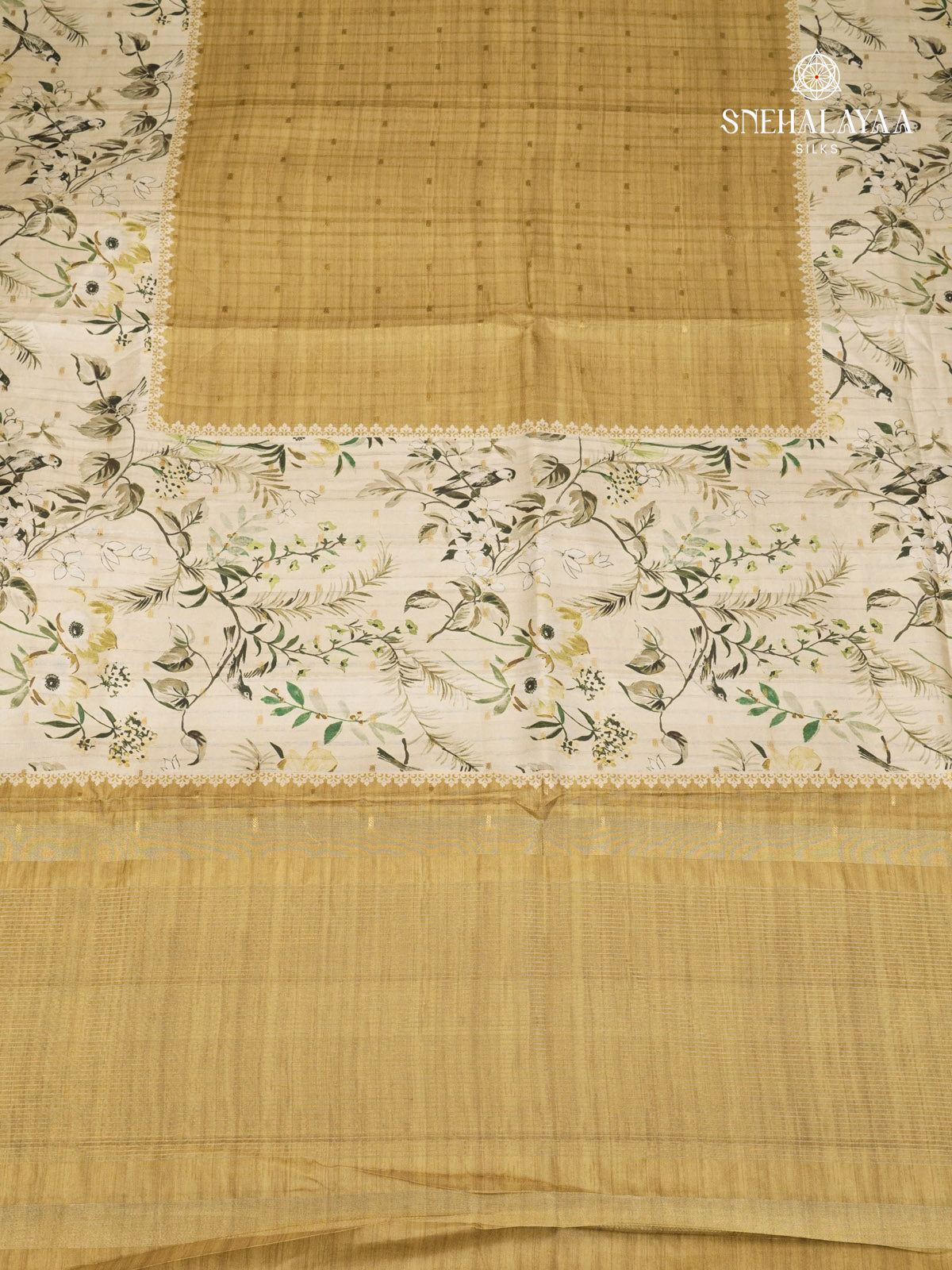 Mustard Floral Printed Tussar Saree