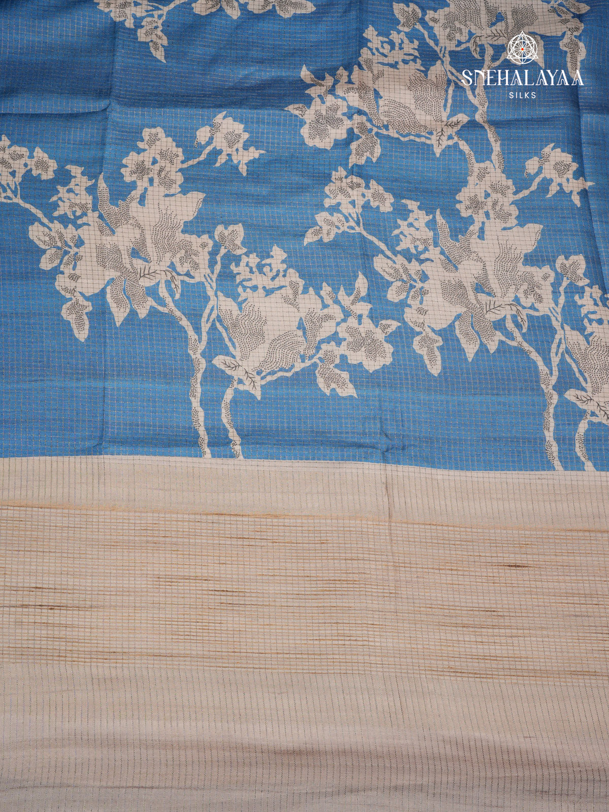 Rich Blue Floral Printed Tussar Saree