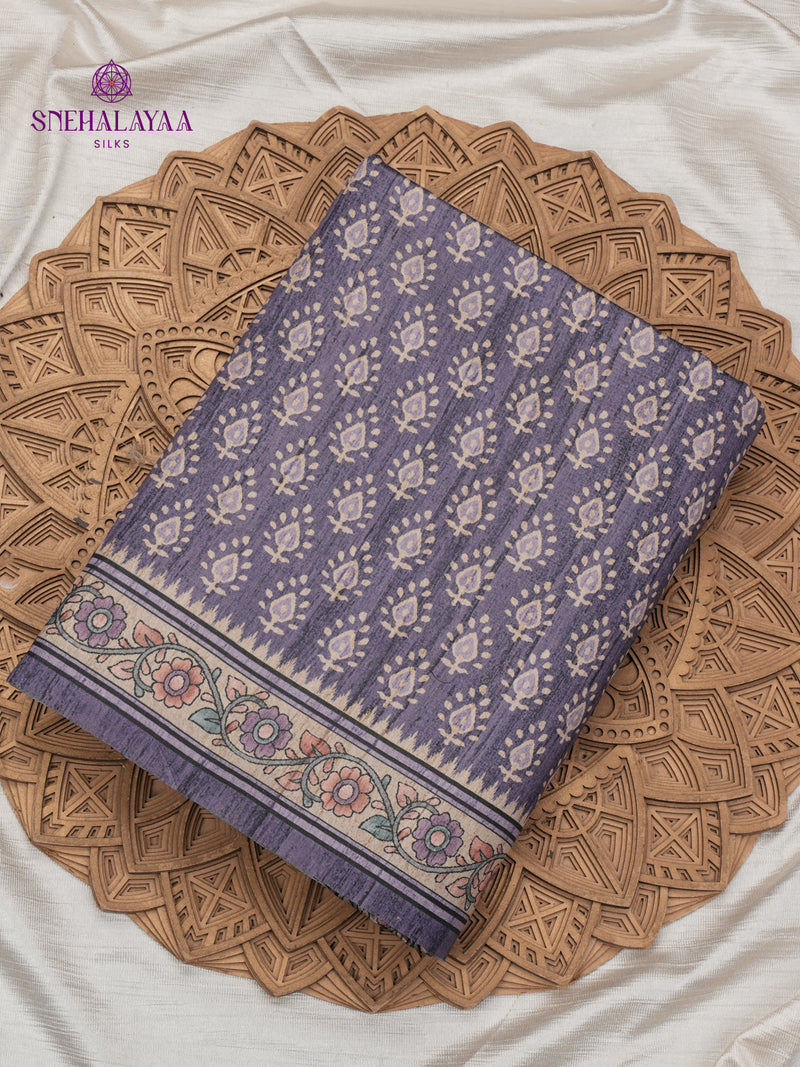 Grey Tussar Embroidery Saree