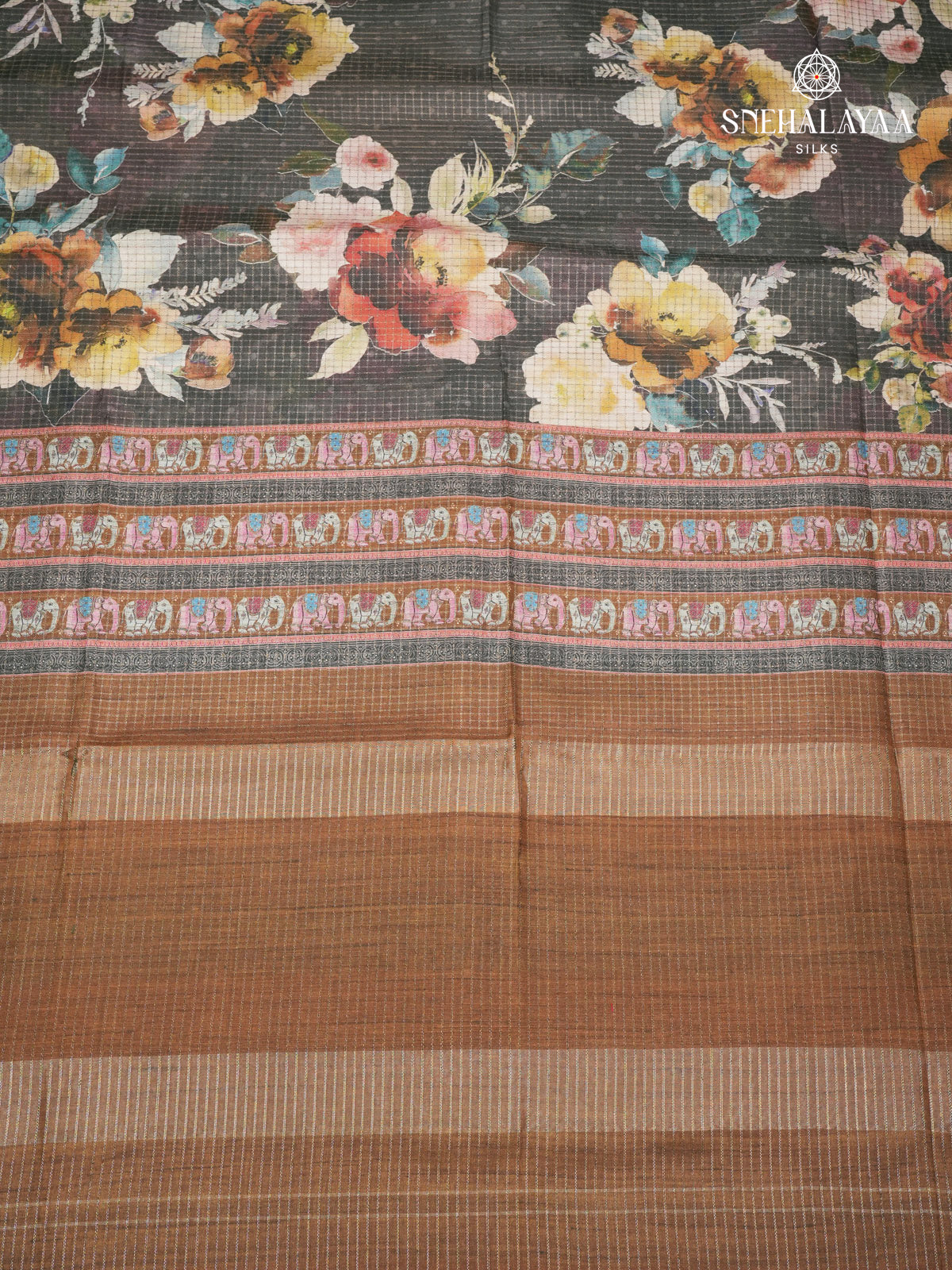 Black Floral Printed Tussar Saree