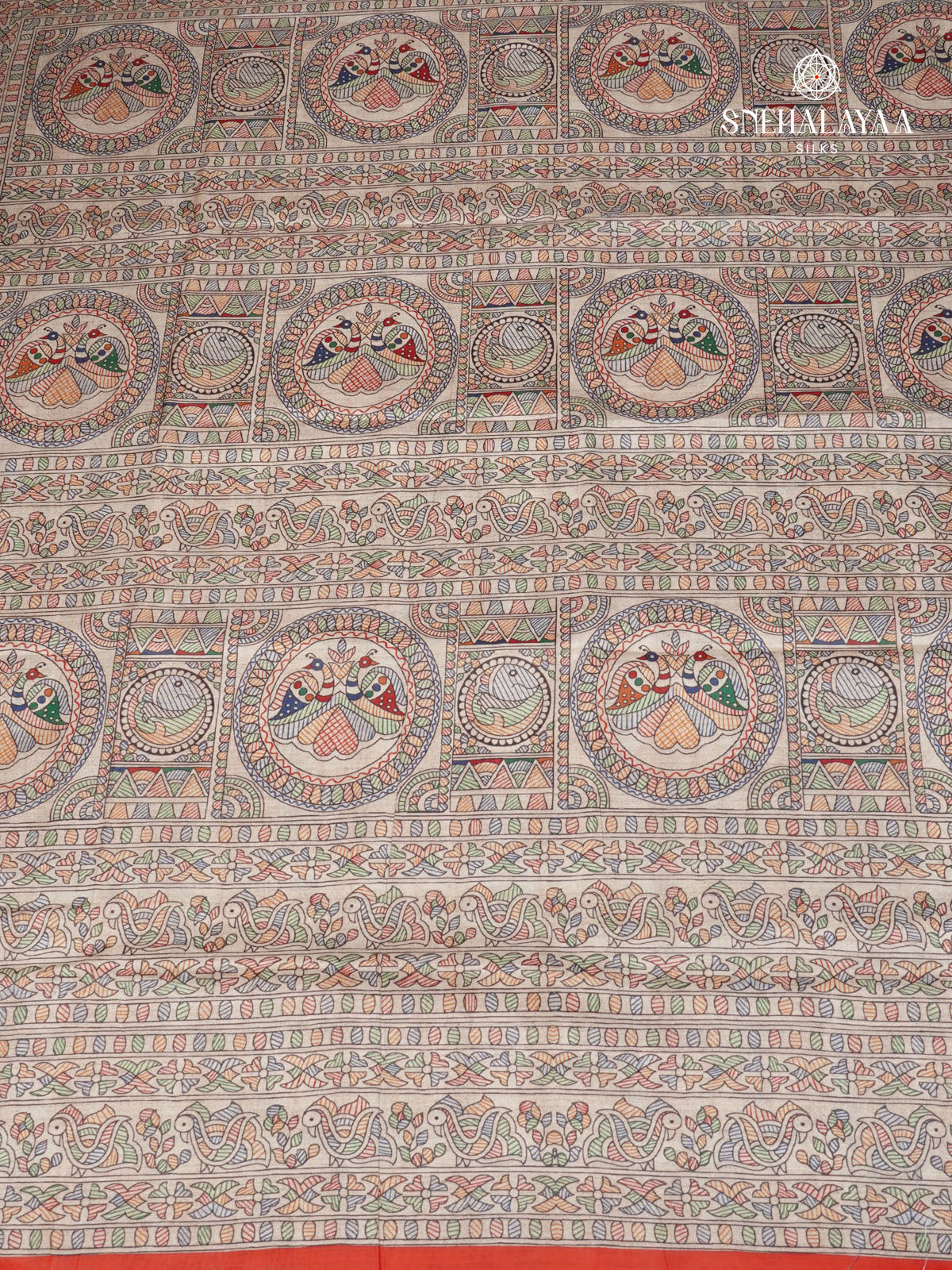 Beige With Red Border Madhubani Saree