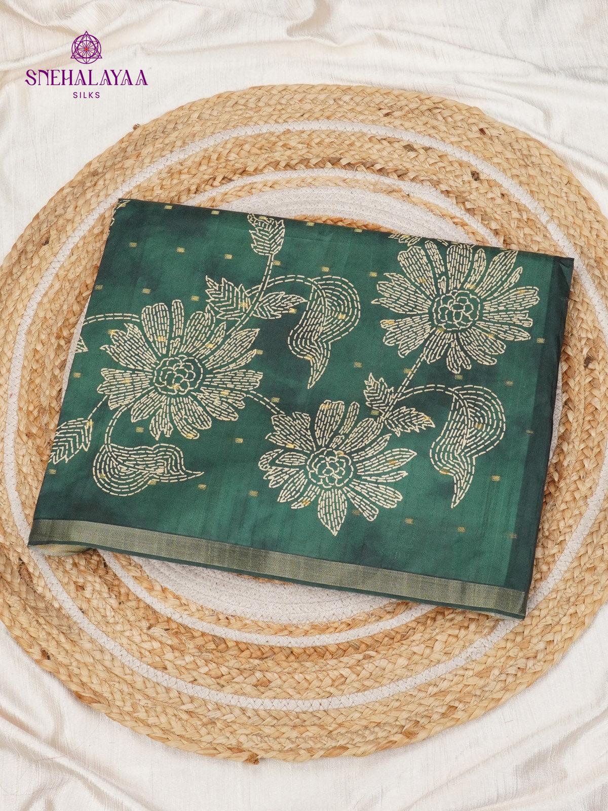 Green Floral Printed Tussar Saree