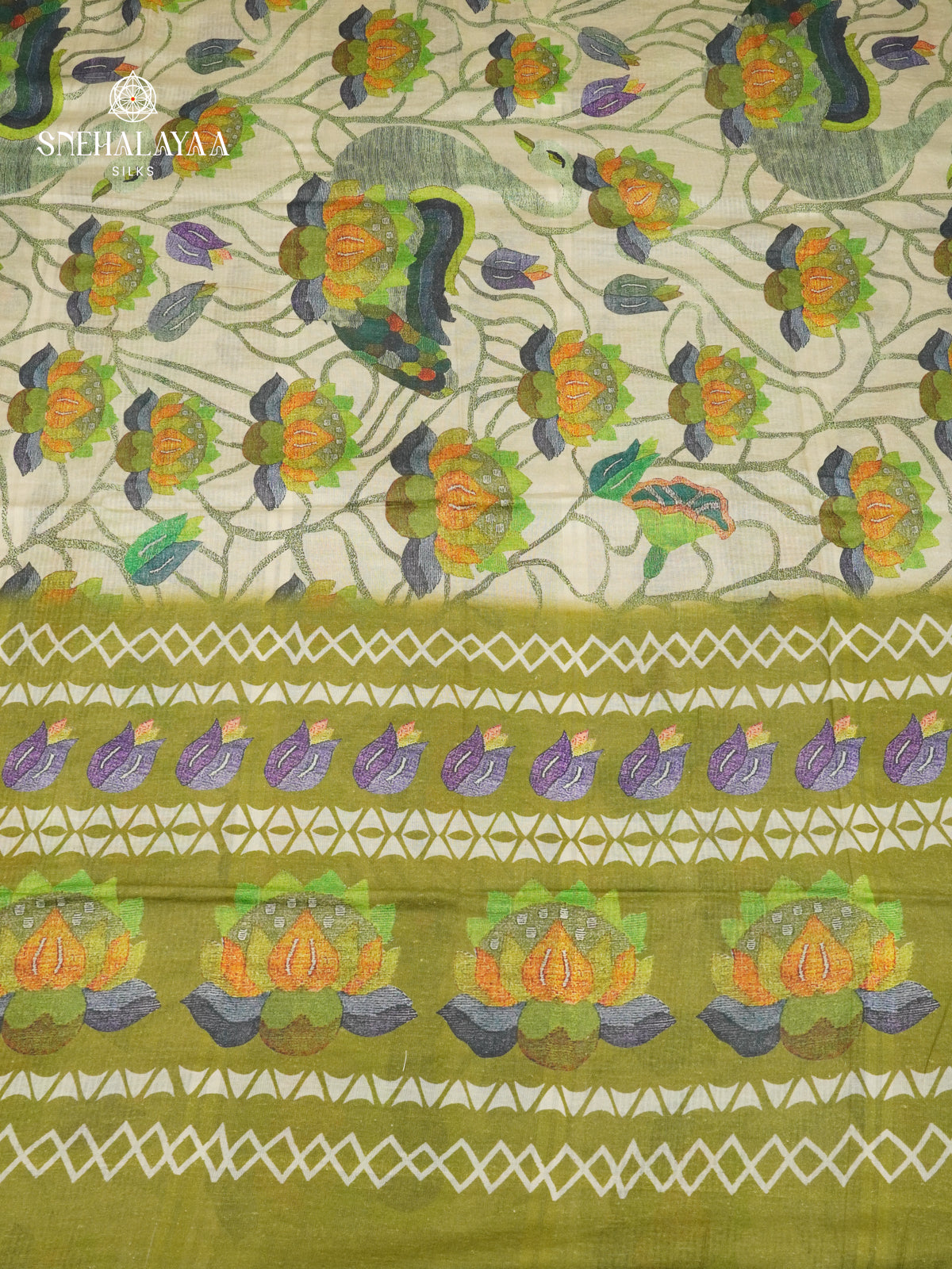 Off White Printed Linen Cotton Saree