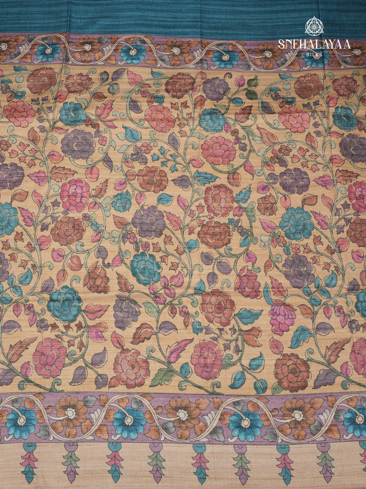 Teal Blue Floral Printed Tussar Saree