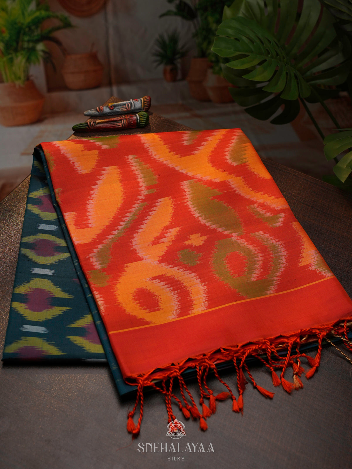 Peacock Blue Ikat Soft Silk Saree