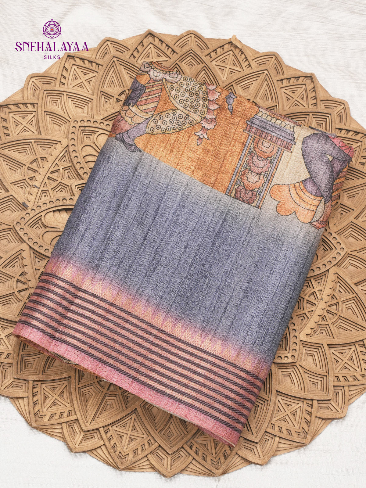 Beige With Grey Border Kalamkari Tussar Saree
