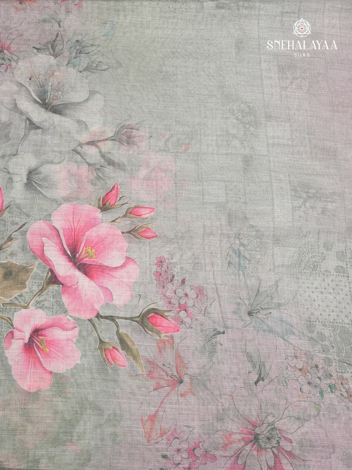 Pastel Grey Printed Linen Saree