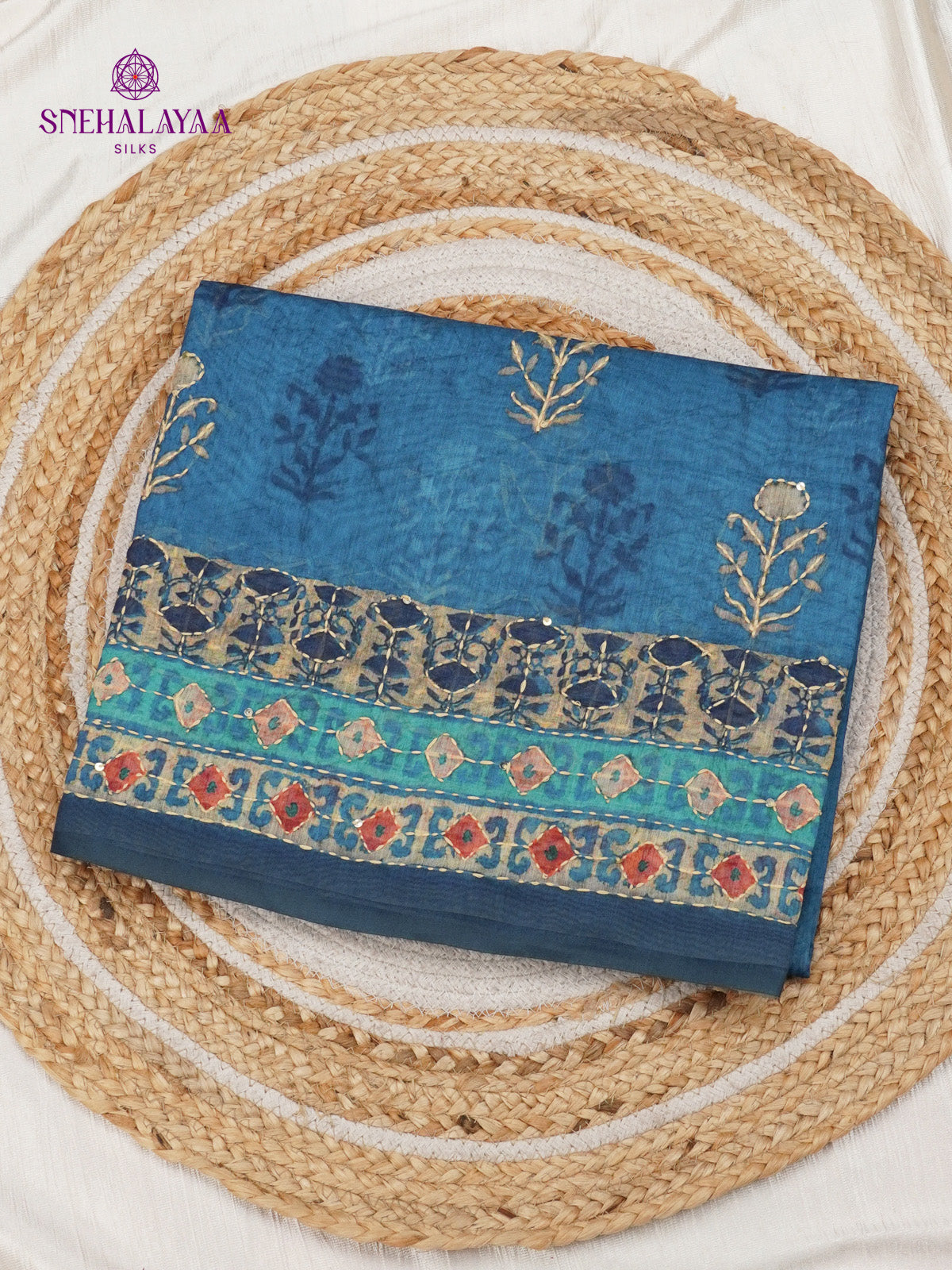 Pastel Blue Linen Embroidery Saree