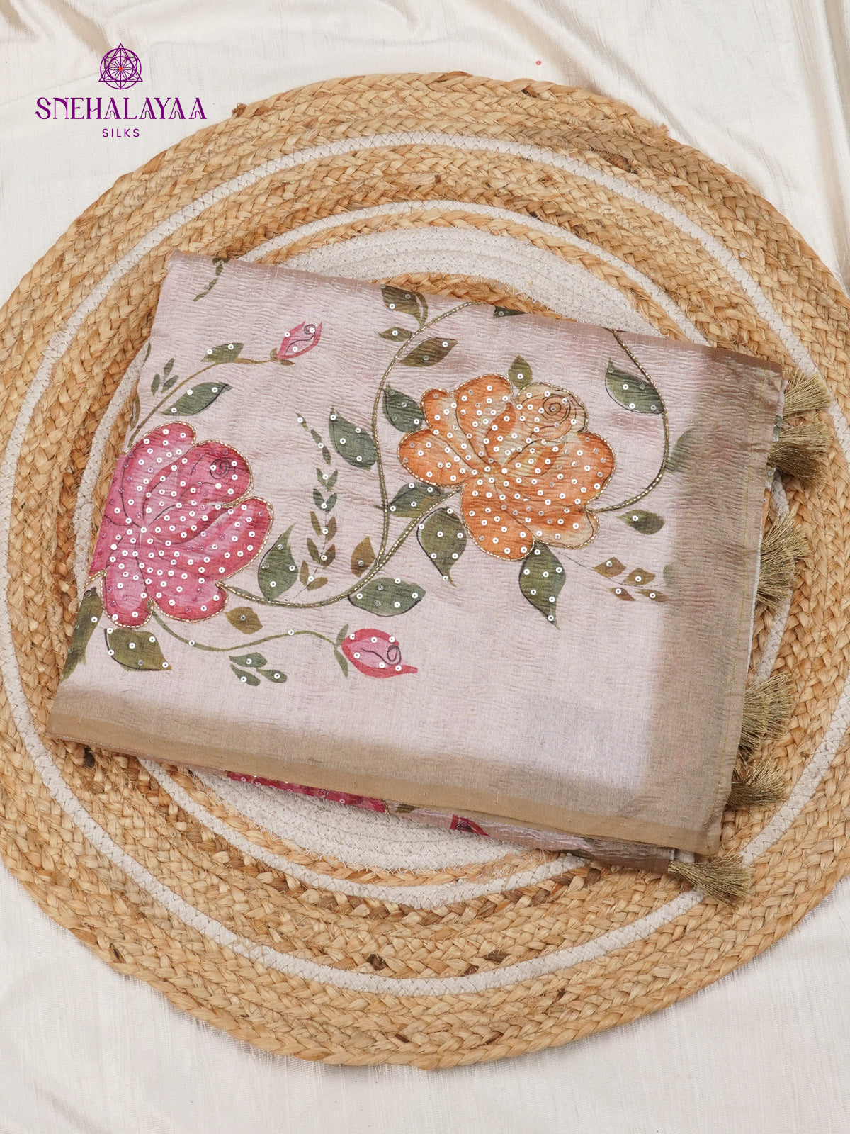 Cream Crush Embroidery Saree