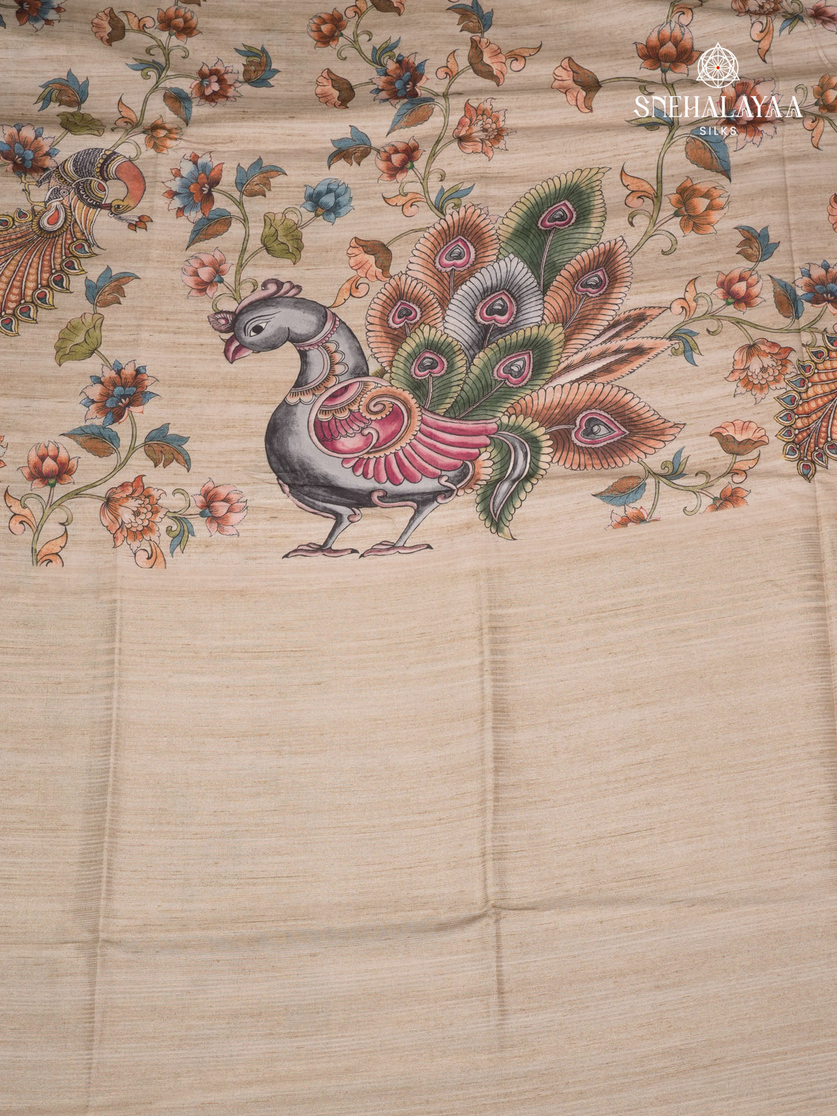 Beige Floral Printed Tussar Saree