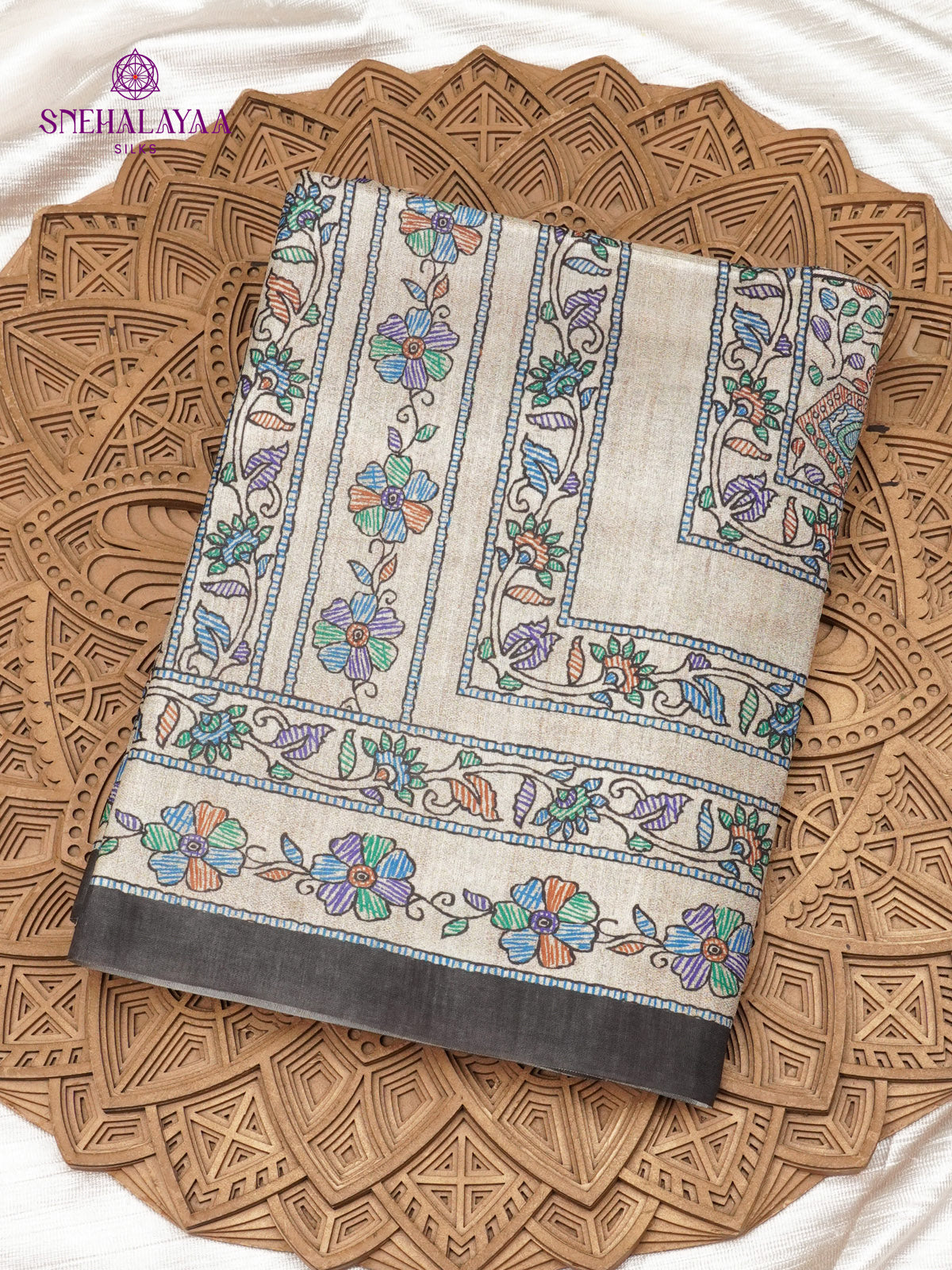 Beige With Black Border Madhubani Saree