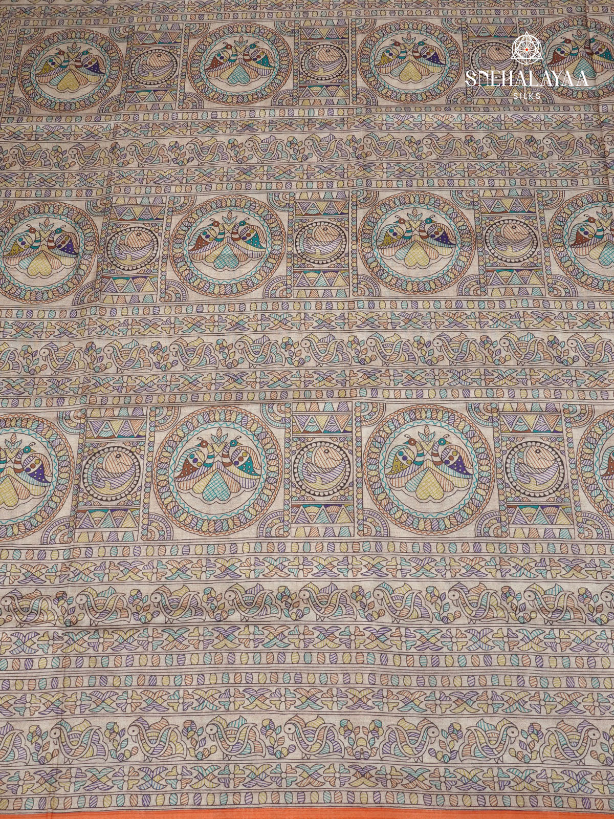 Beige With Orange Border Madhubani Saree