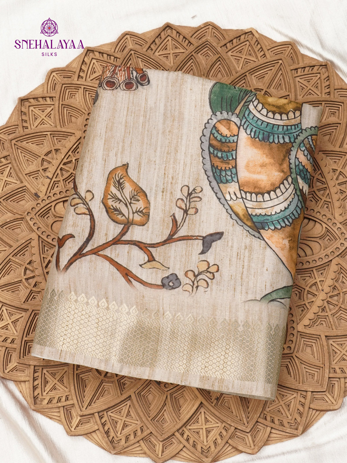 Beige Floral Printed Tussar Saree