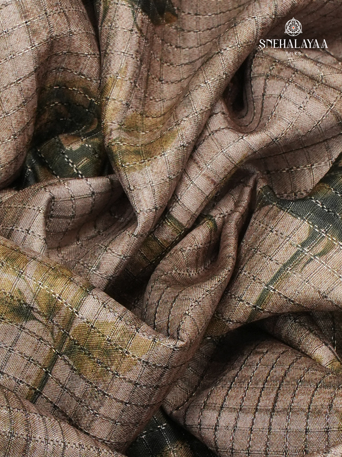 Brown Floral Printed Tussar Saree