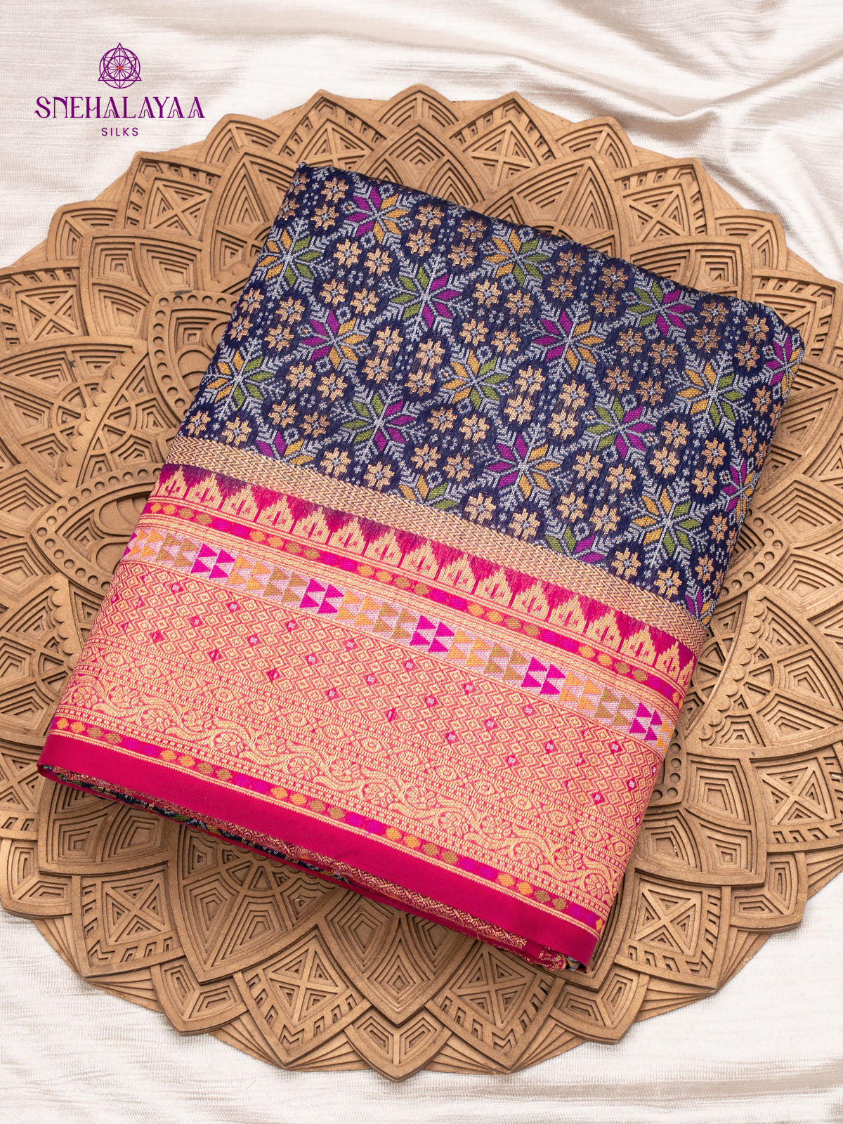 Navy Blue Ikat Silk Saree