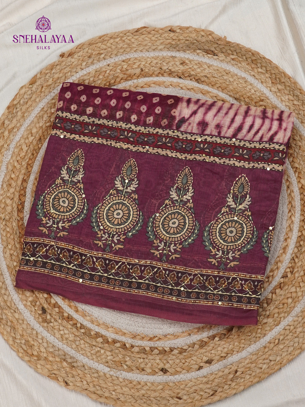 Burgundy Linen Embroidery Saree