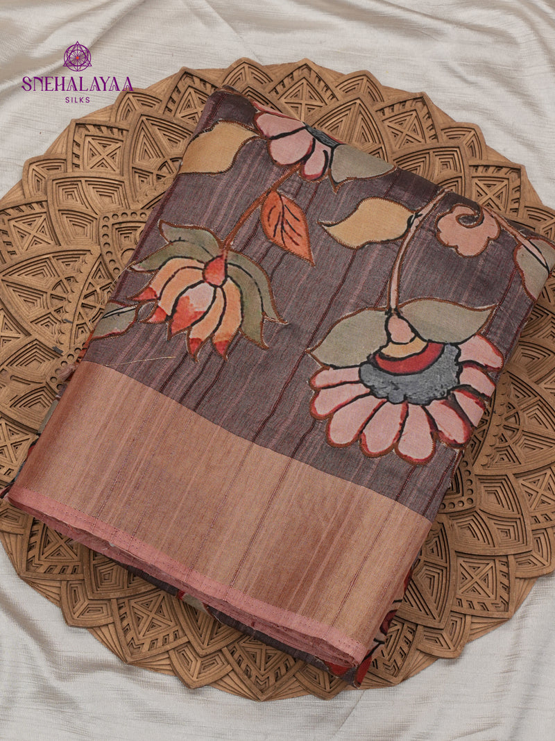 Brown Tussar Embroidery Saree