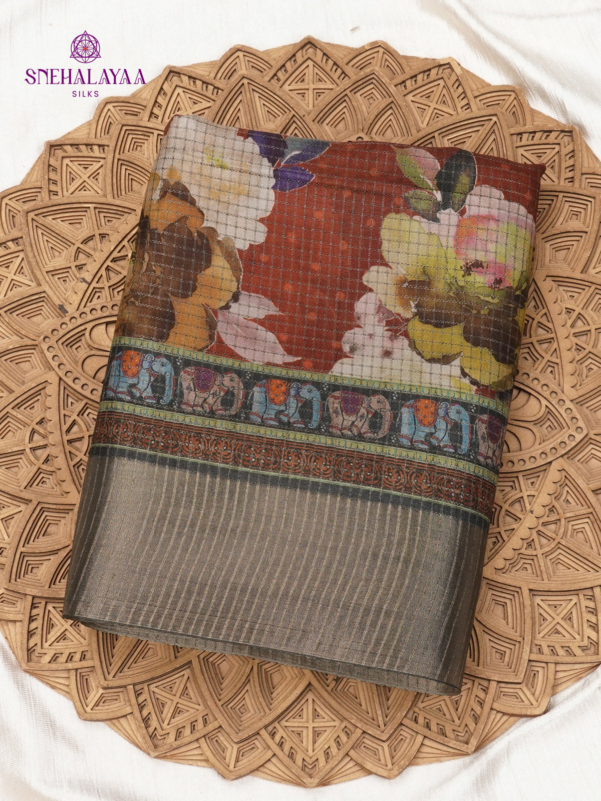 Brown Floral Printed Tussar Saree