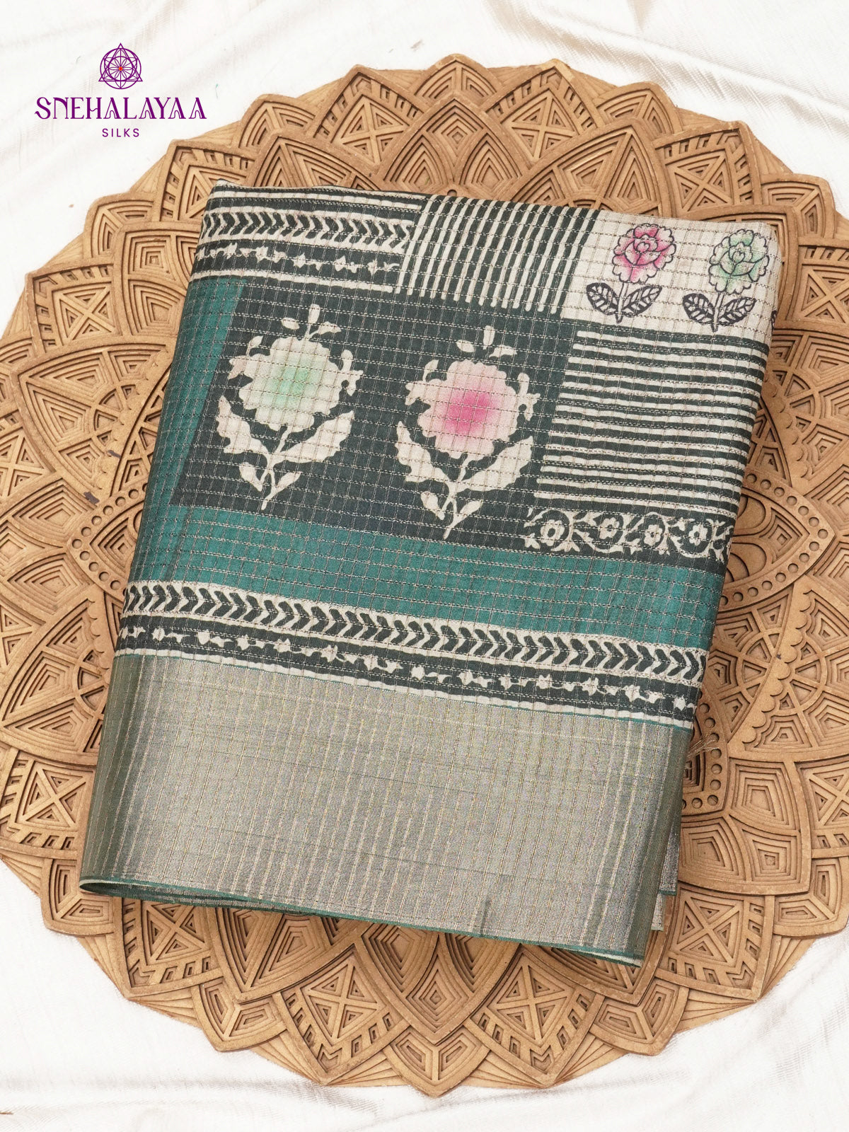 Pastel Green Floral Printed Tussar Saree