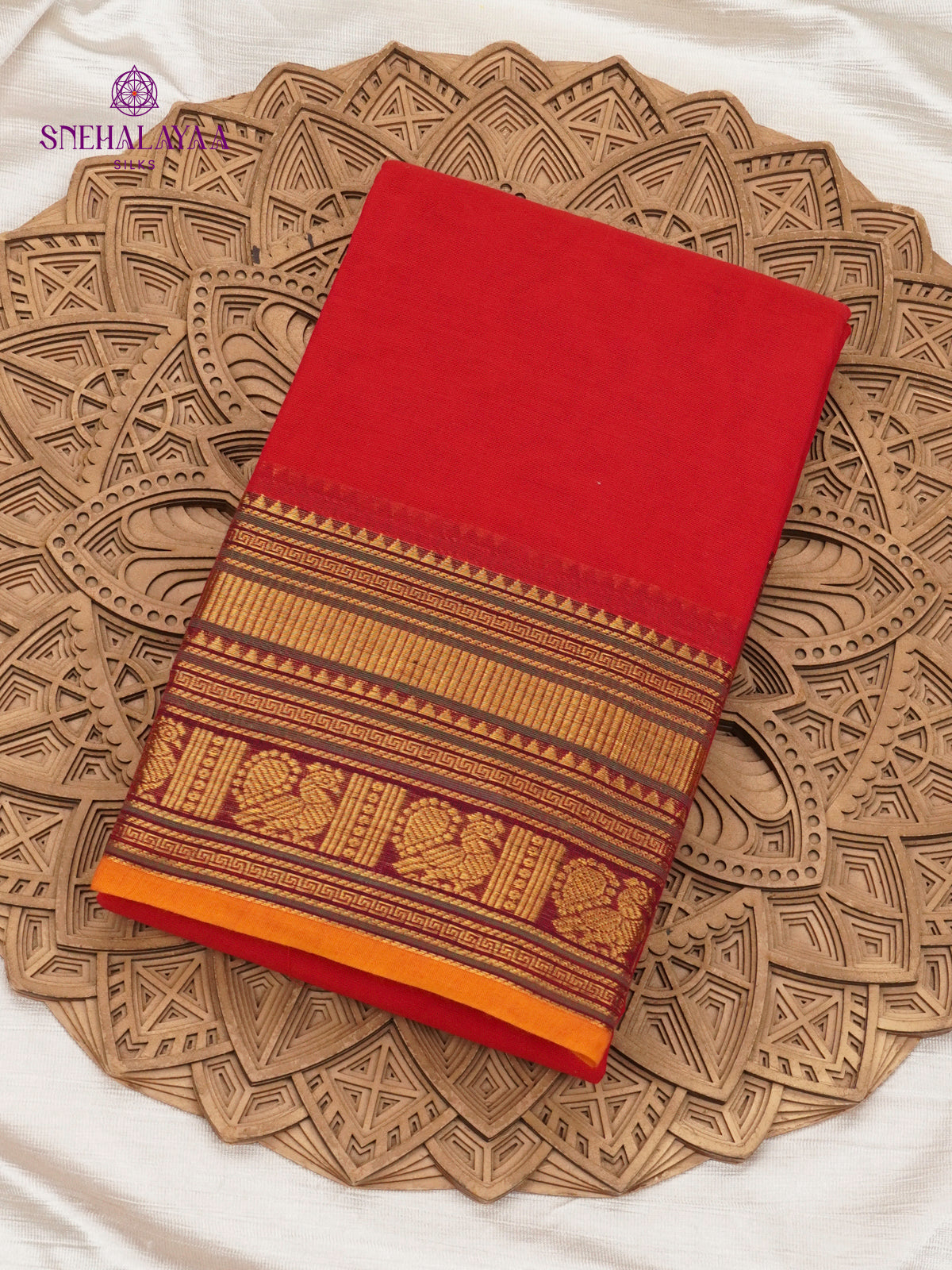 Red Kanchi Cotton Saree with Maroon Zari Border and Mustard Edge