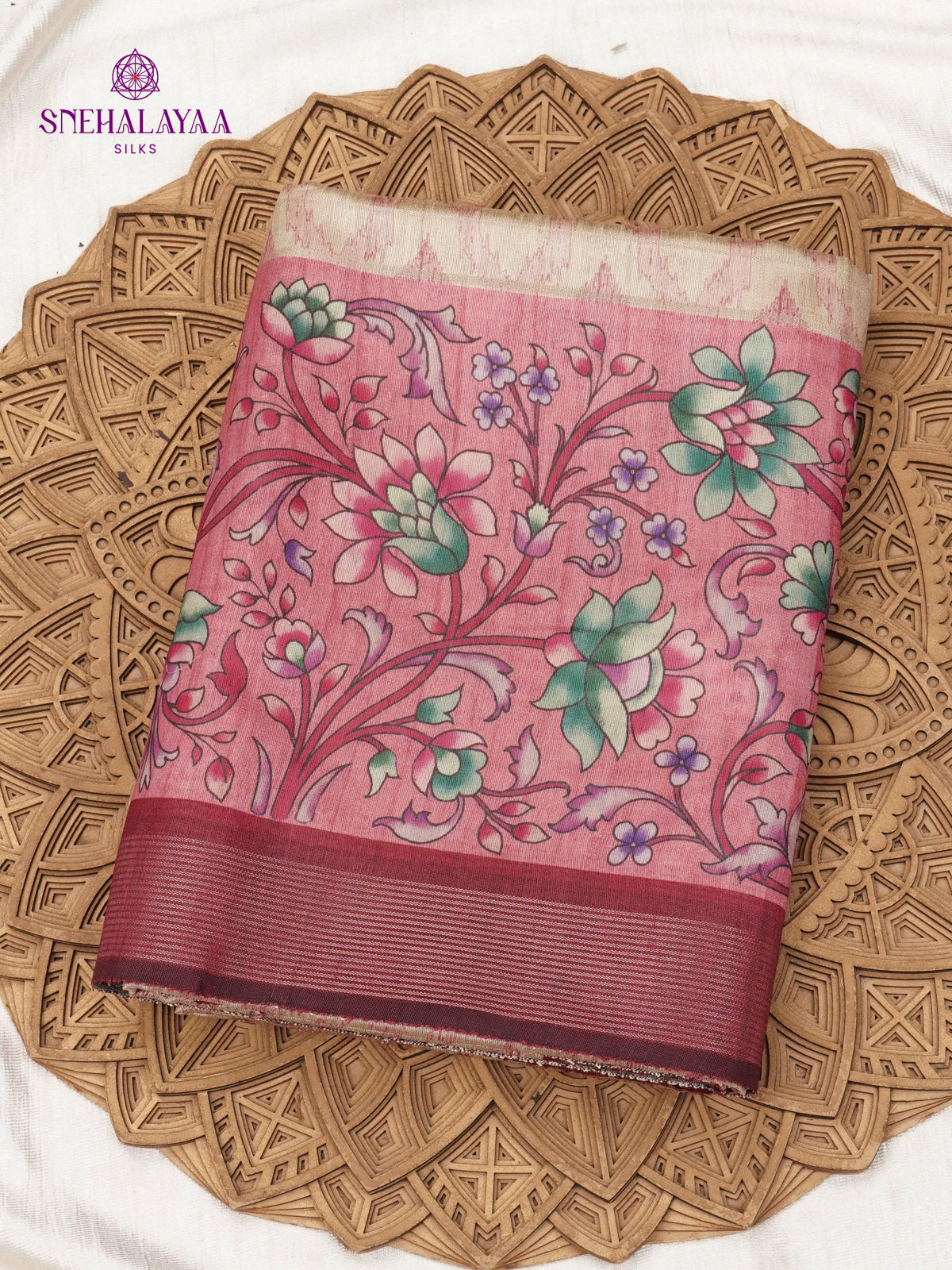 Beige Floral Printed Tussar Saree