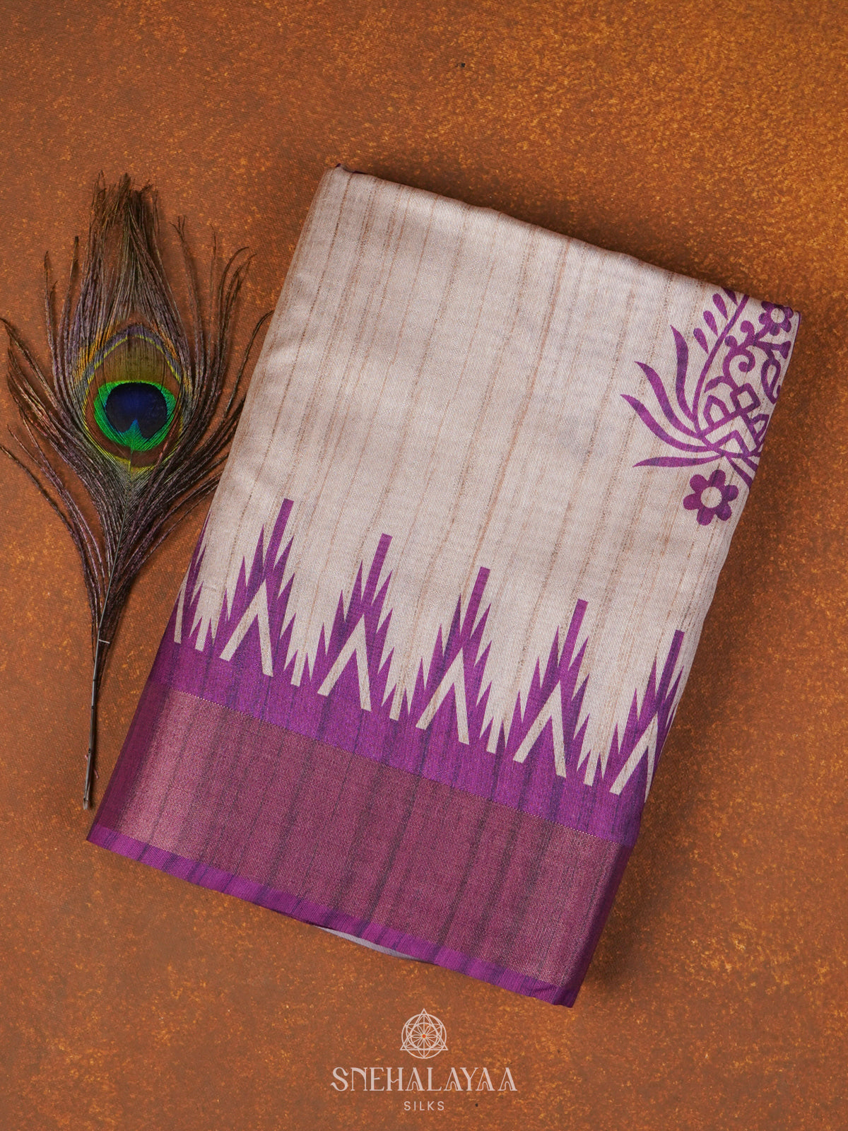 Beige with Purple Border Tussar Saree