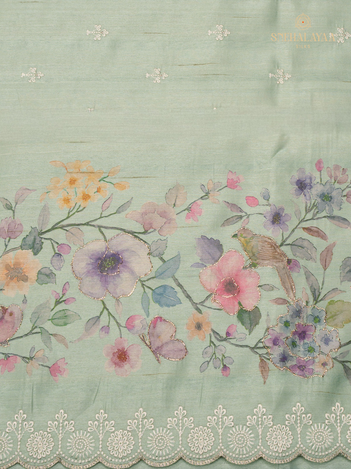 Pista Raw Silk Embroidery Saree