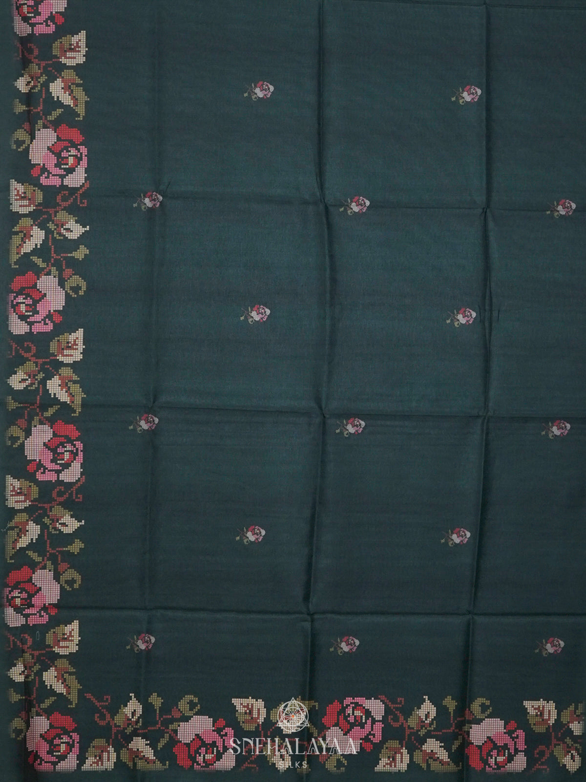 Green Floral Printed Tussar Saree