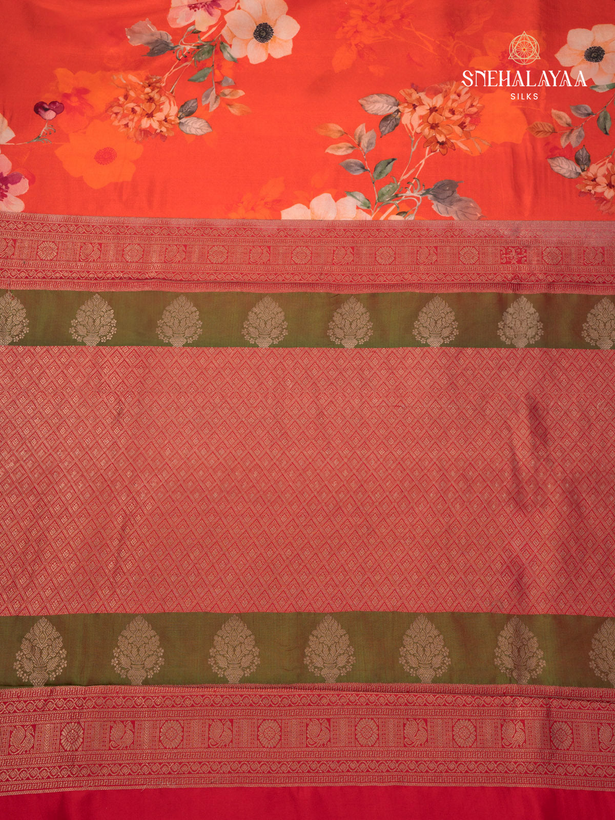 Orange Printed Kanjivaram Silk Saree