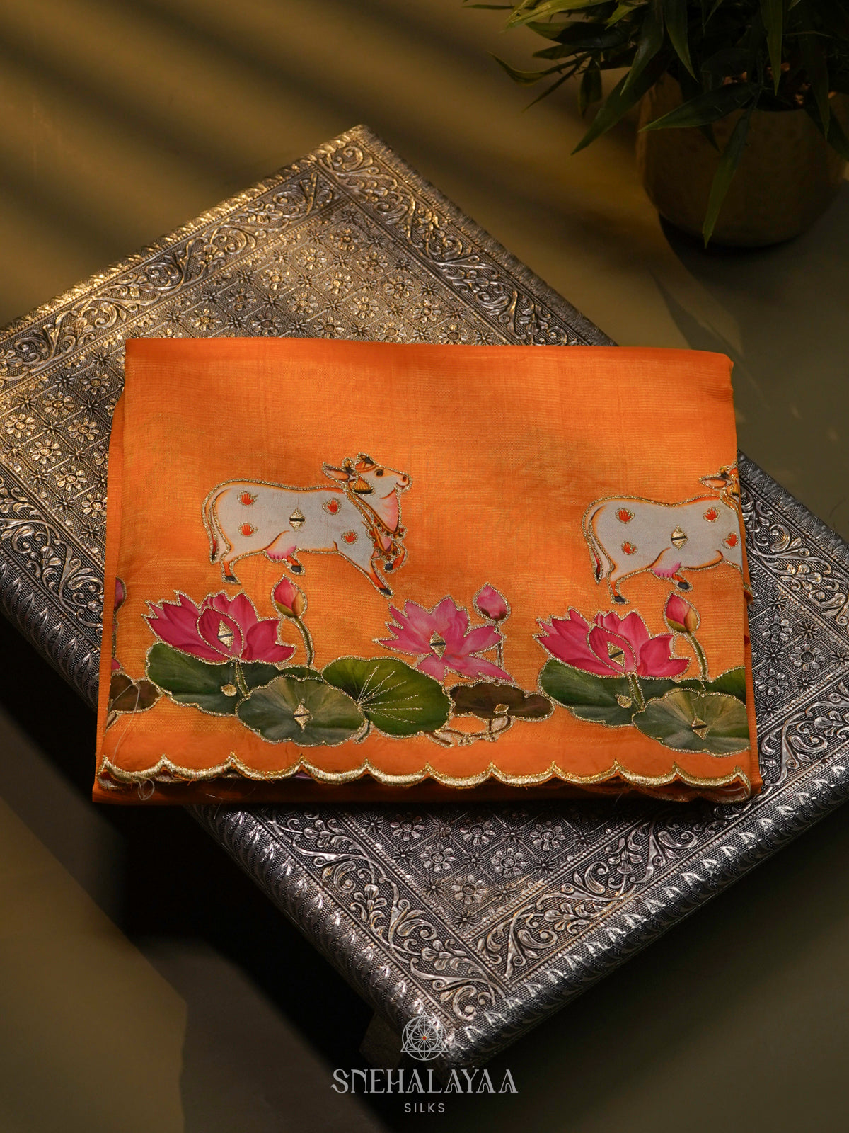 Orange Mangalgiri Silk Embroidery Saree