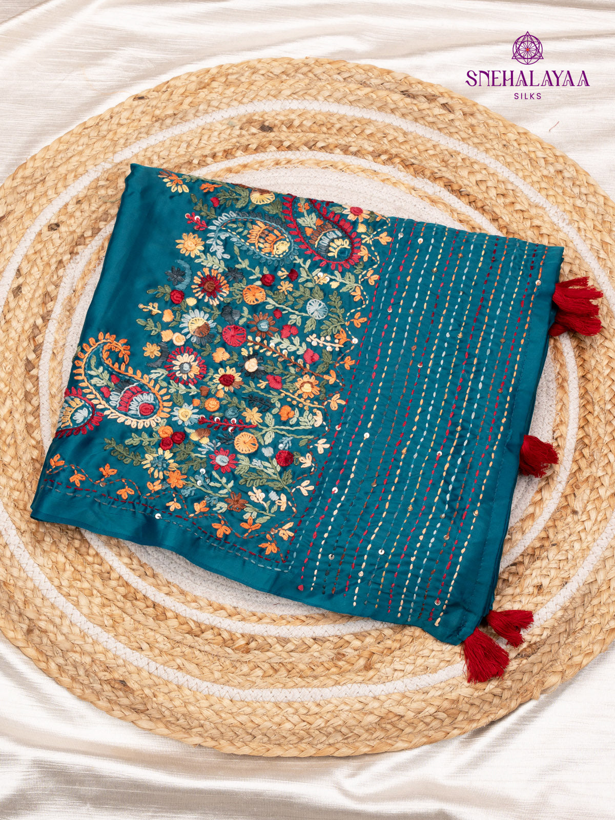 Blue Satin Embroidery Saree