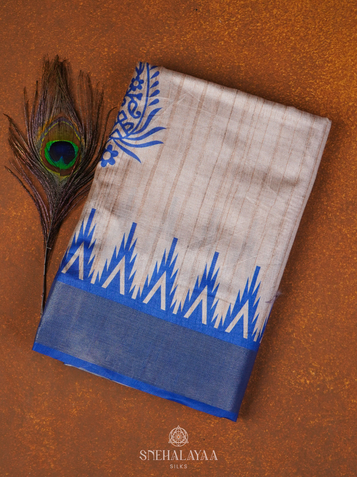 Beige with Blue Border Tussar Saree