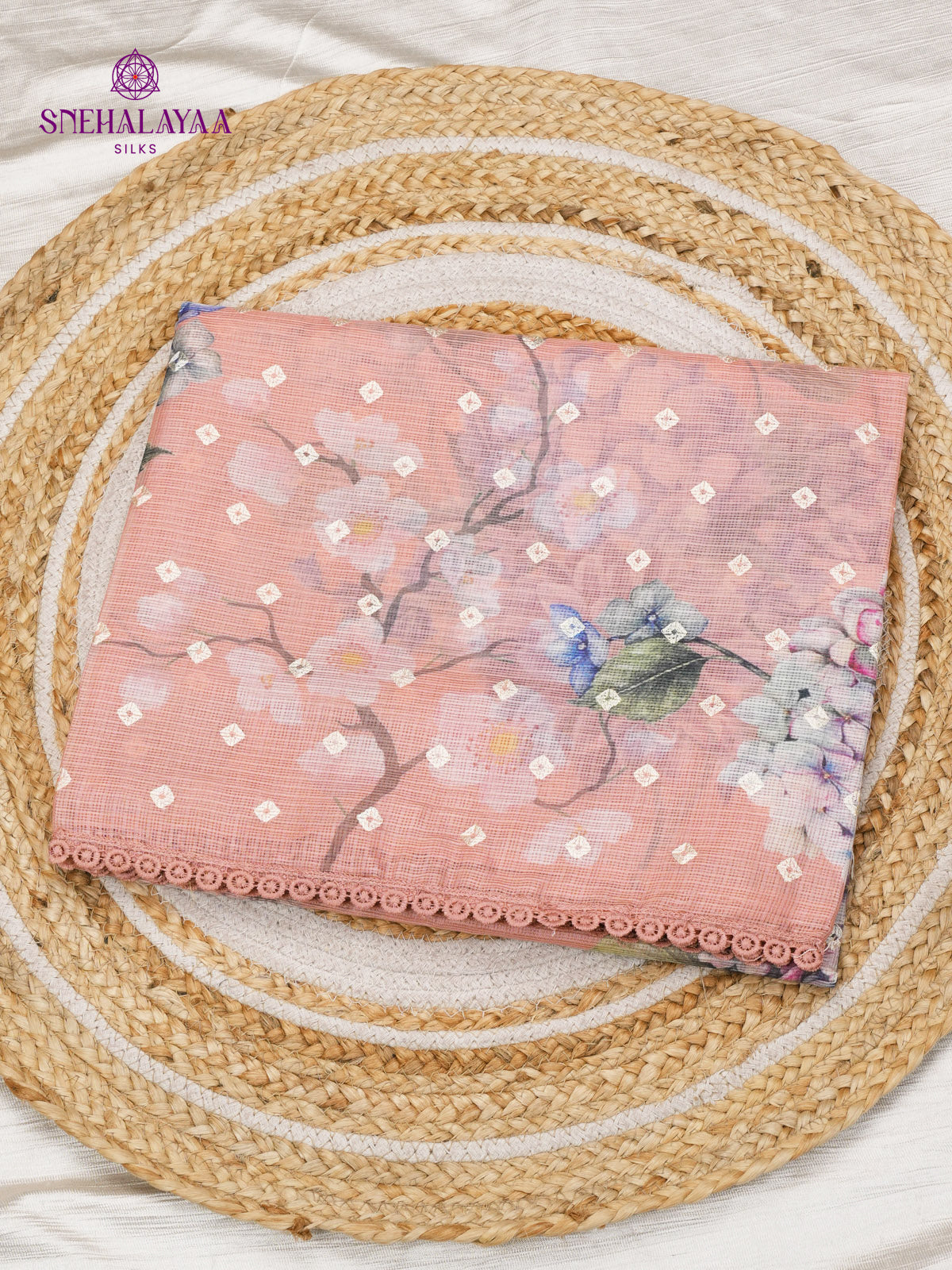 Peach Pink Kota Embroidery Saree