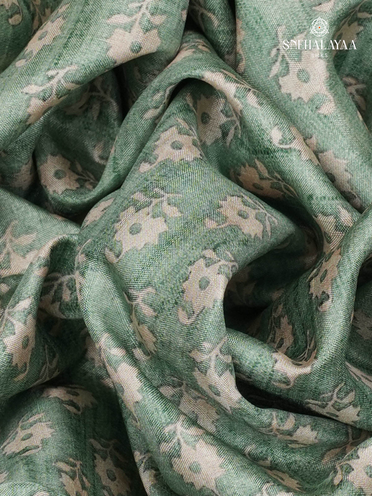 Pale Green Floral Printed Tussar Saree