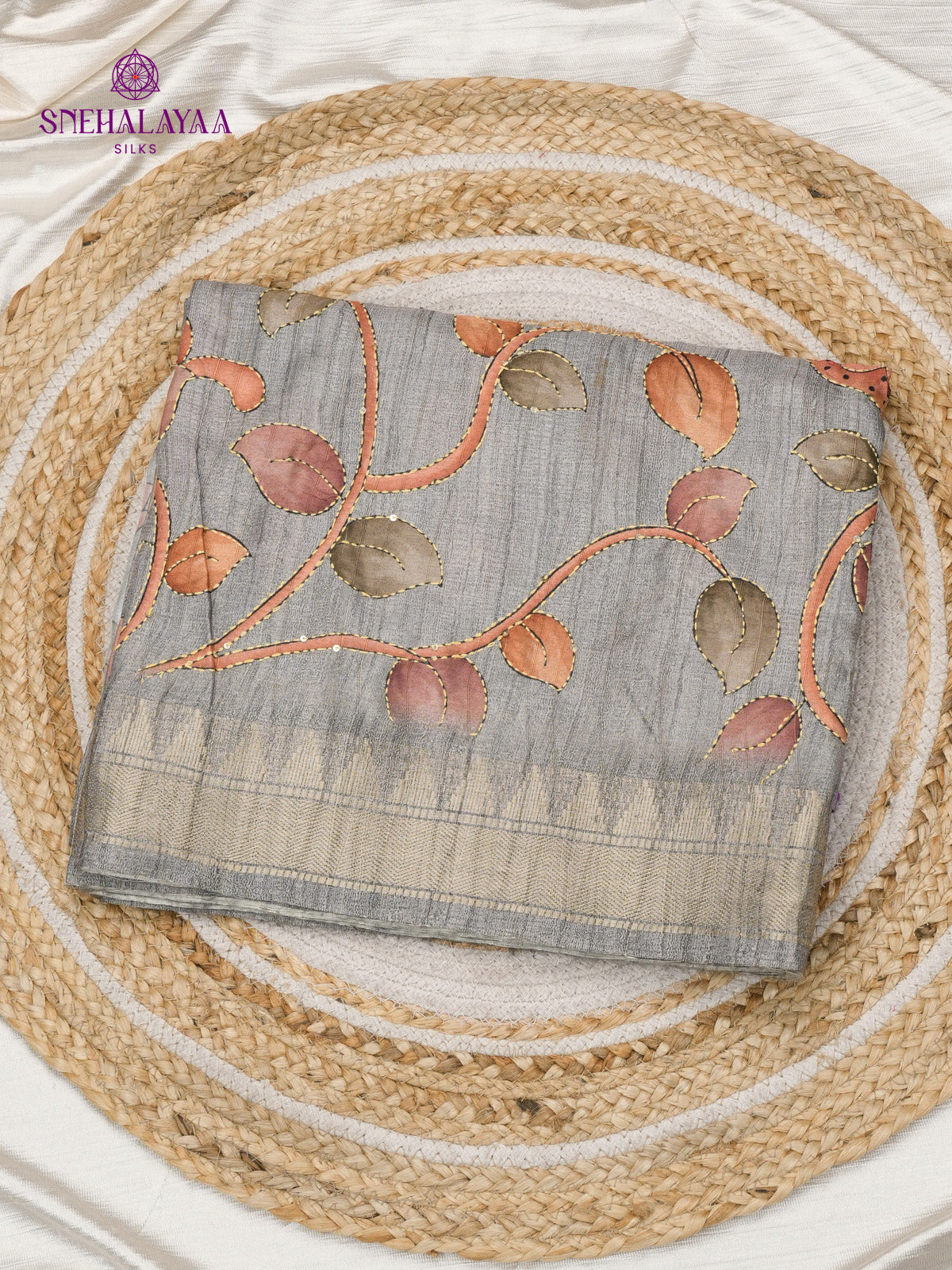 Grey Tussar Embroidery Saree