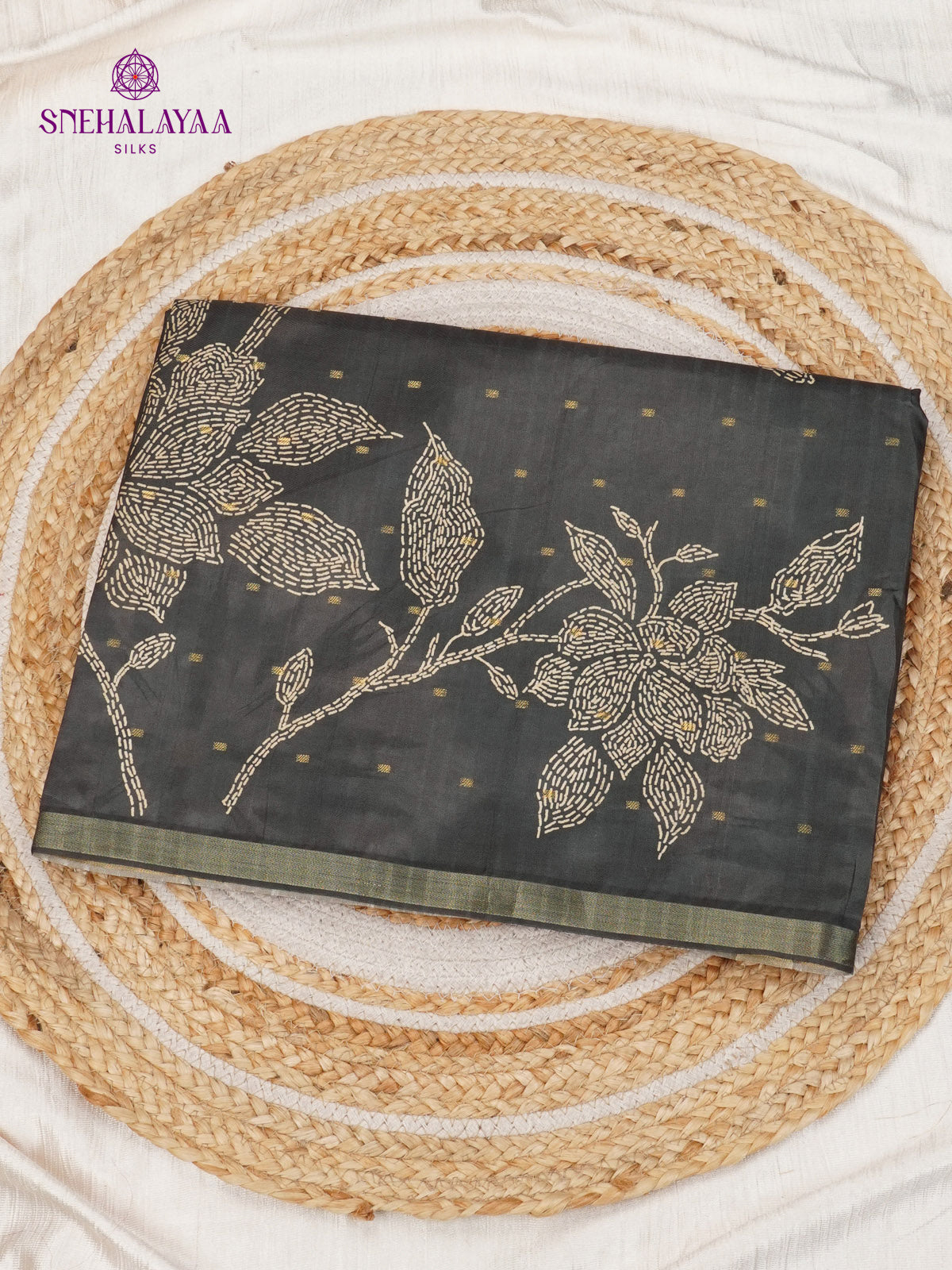 Black Floral Printed Tussar Saree