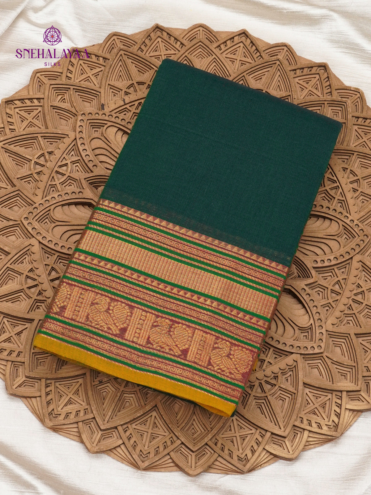Bottle Green Kanchi Cotton Saree with Traditional Contrast Border