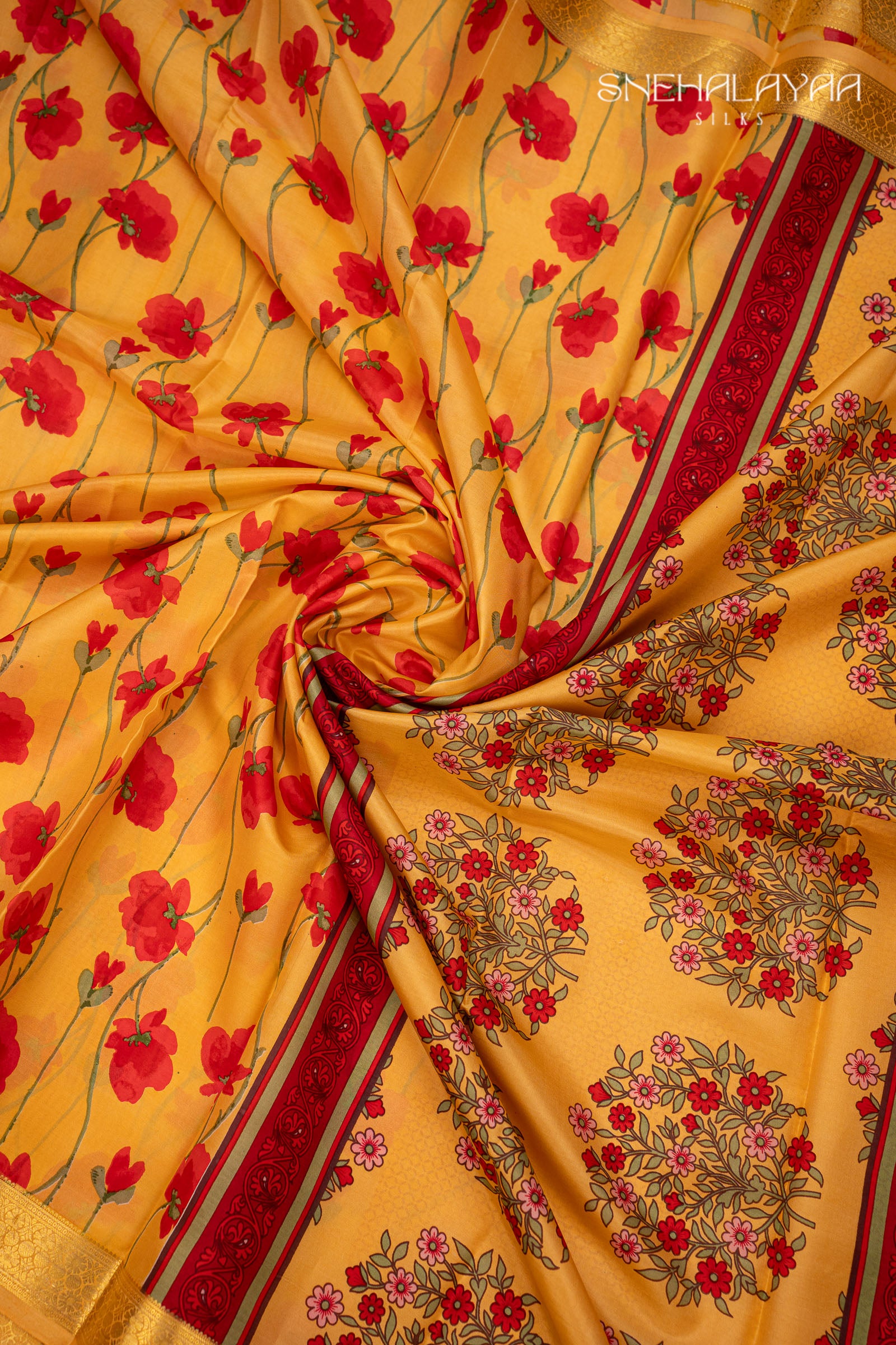Yellow Printed Mysore Silk Saree