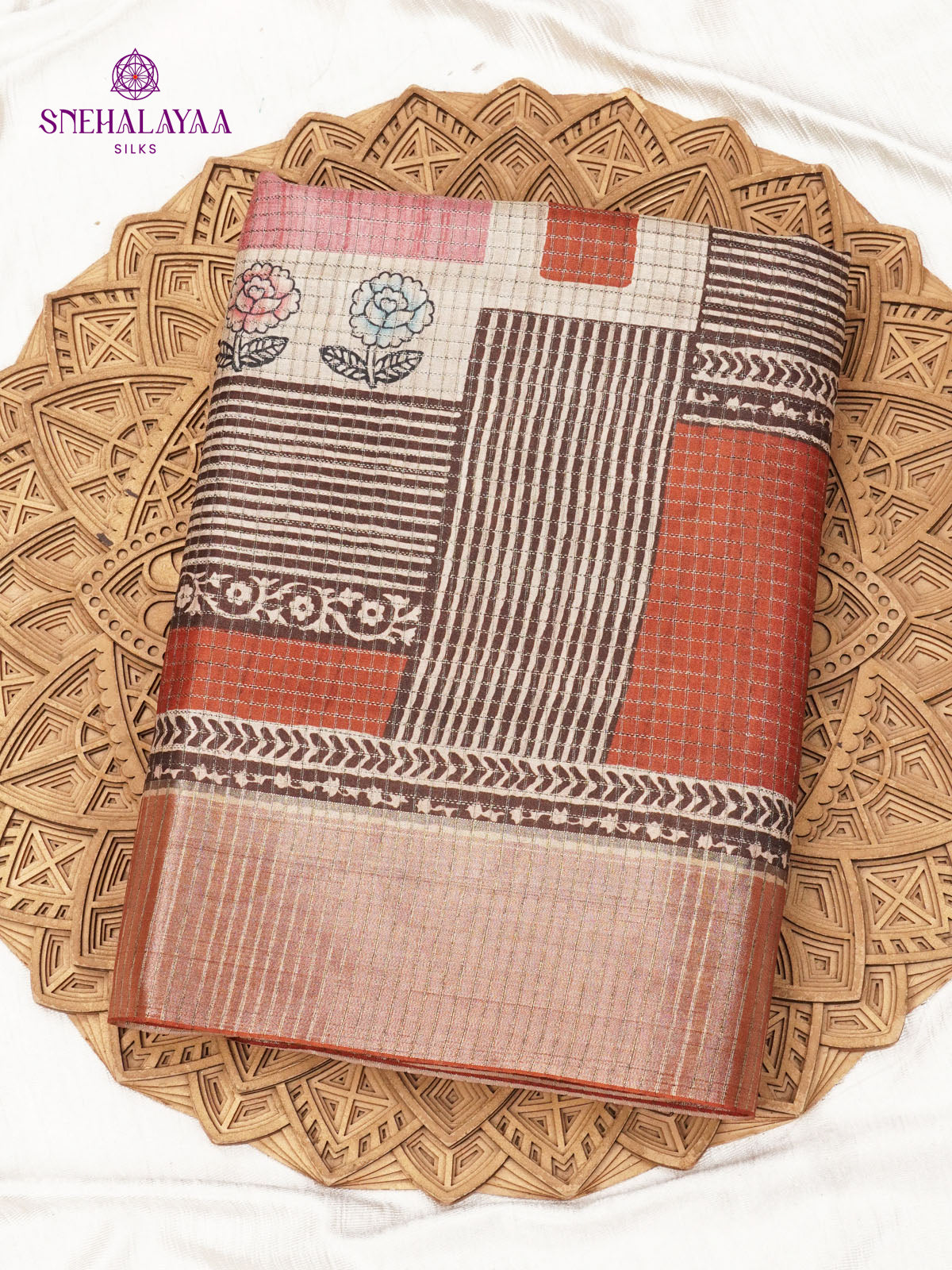 Magenta Floral Printed Tussar Saree