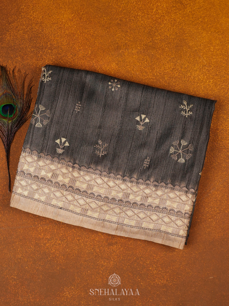 Grey Tussar Embroidery Saree