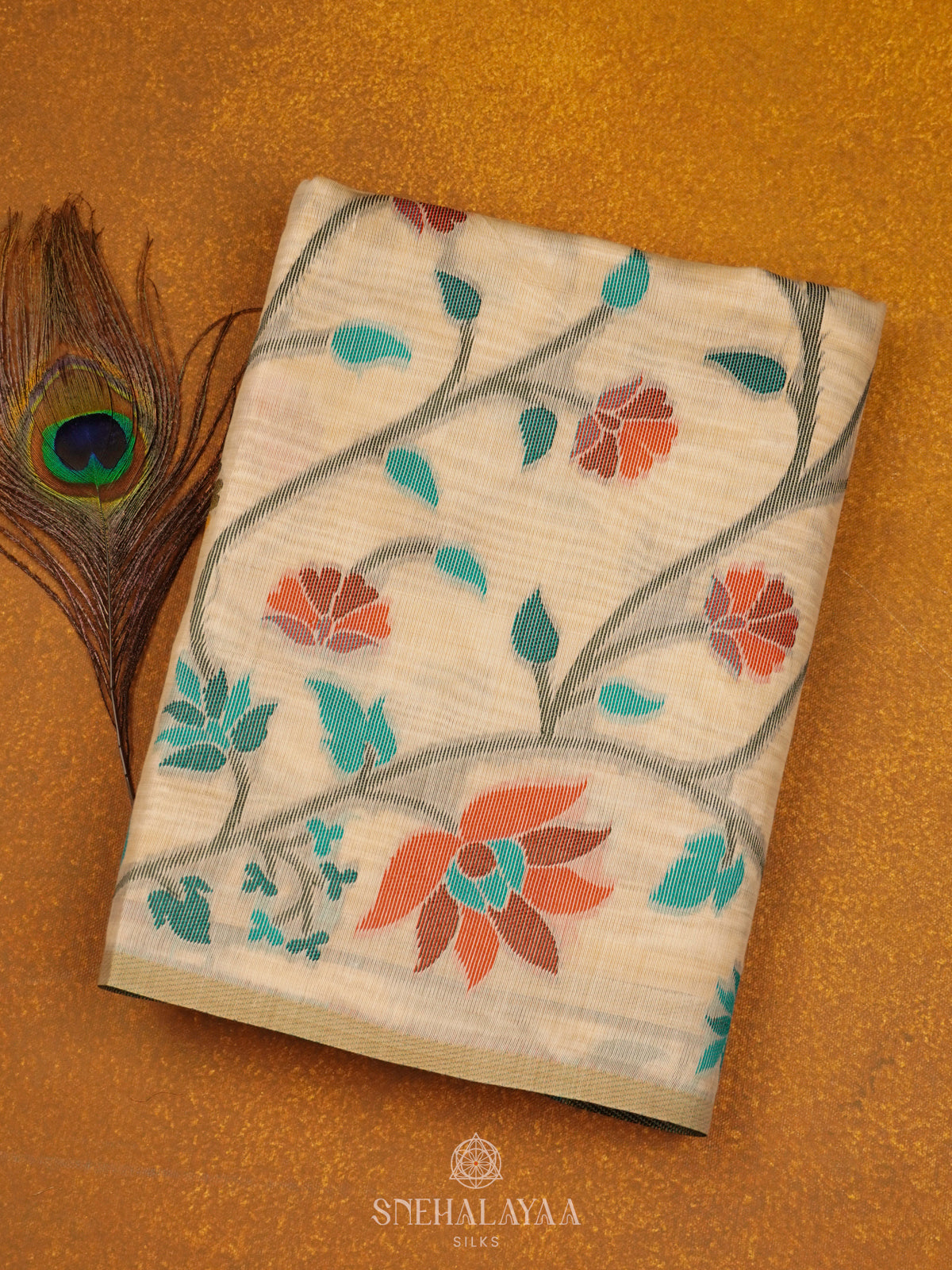 Cream Floral Munga Cotton Saree