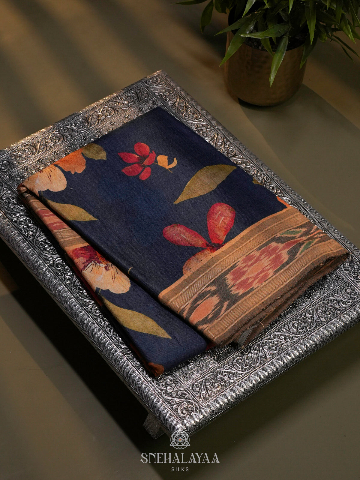 Navy Blue Munga Tussar Saree