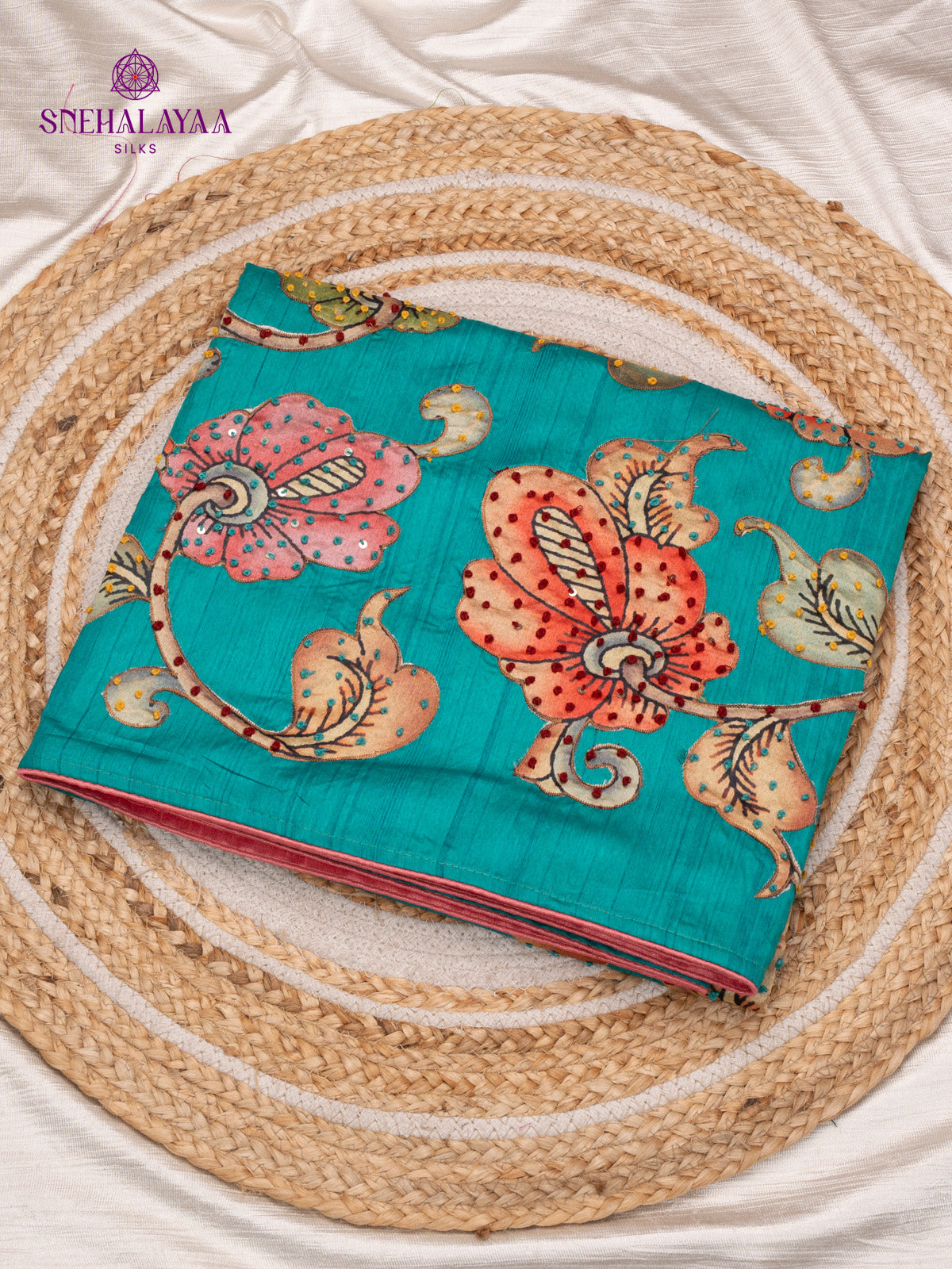 Teal Green Raw Silk Embroidery Saree