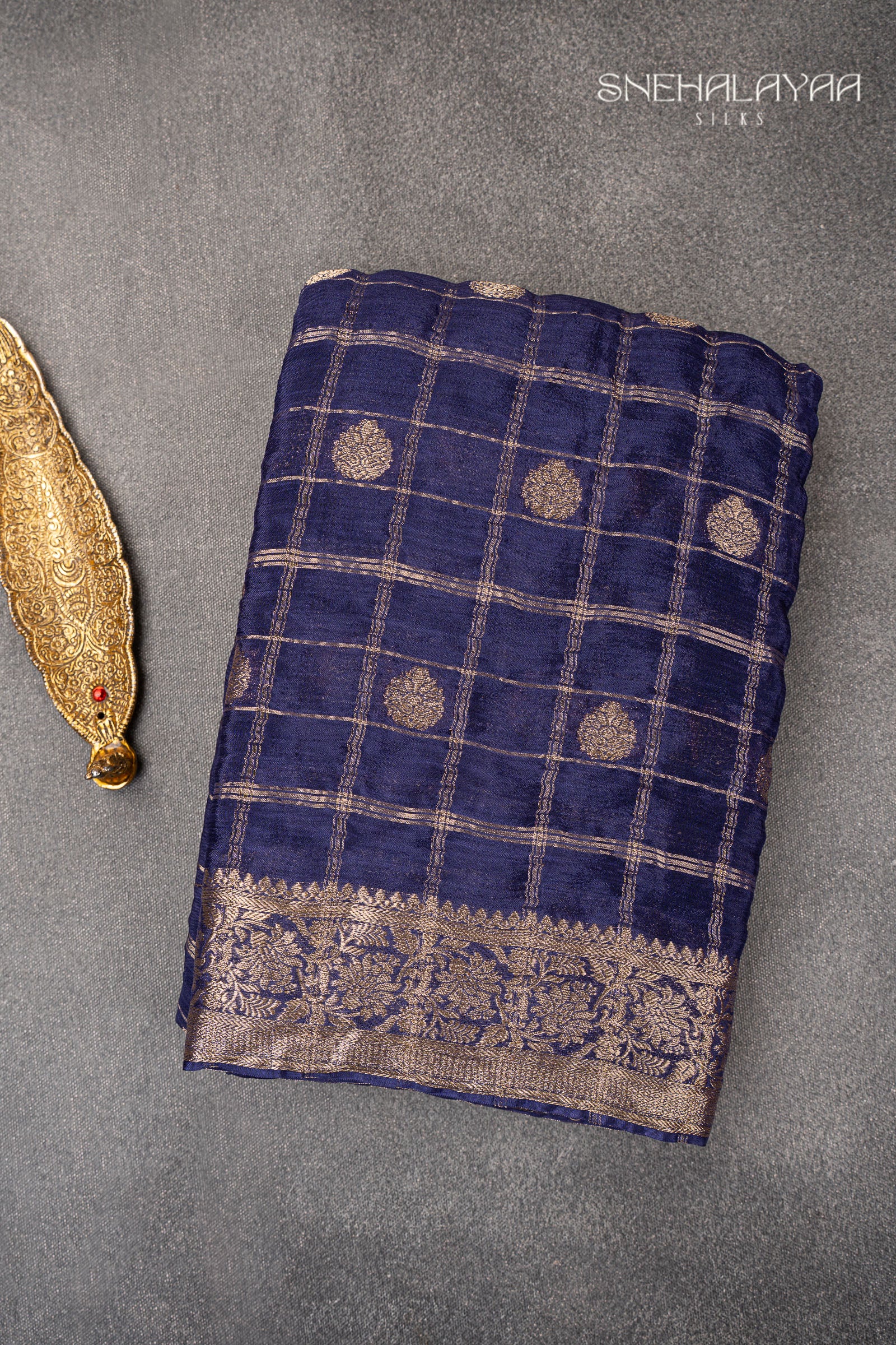 Indigo Blue Semi Banaras Chiffon Saree