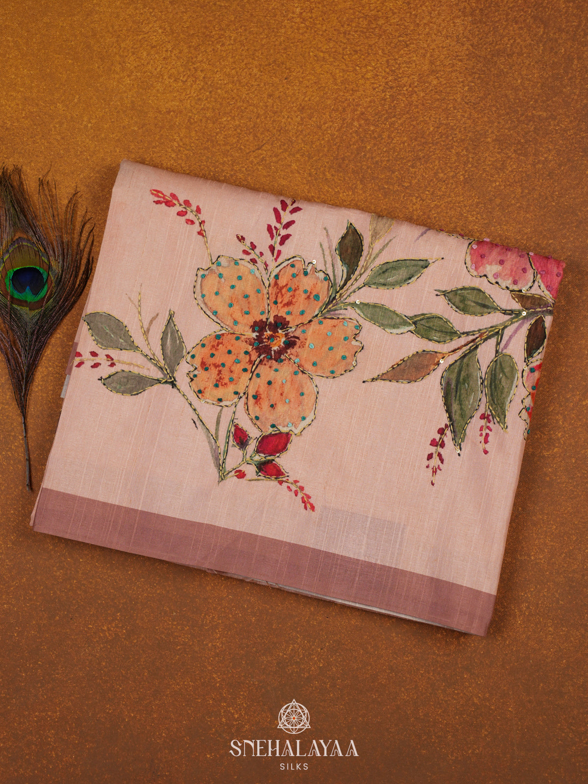 Pale Pink Tussar Embroidery Saree